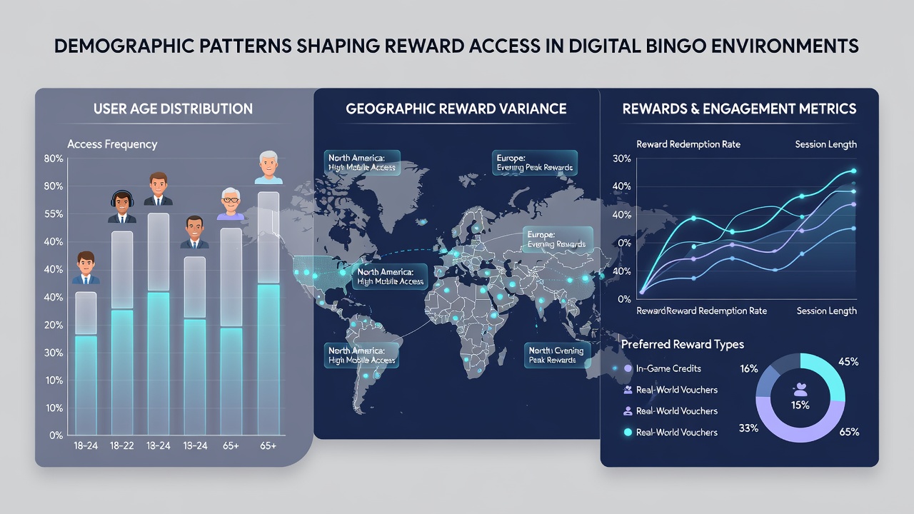 Map overlay showing regional differences in digital bingo participation and reward claim rates across Europe and North America